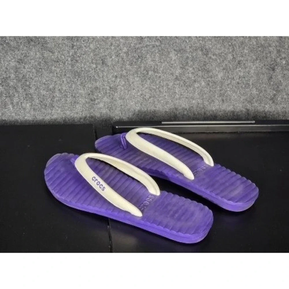 Crocs Purple‎ White Flip Flops Womens Sz 10 Comfort Casual Beach Thong Sandals